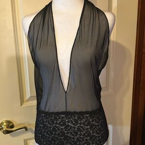 Club wear black shear V neck w/lace bottom ties at the neck Brand New never worn